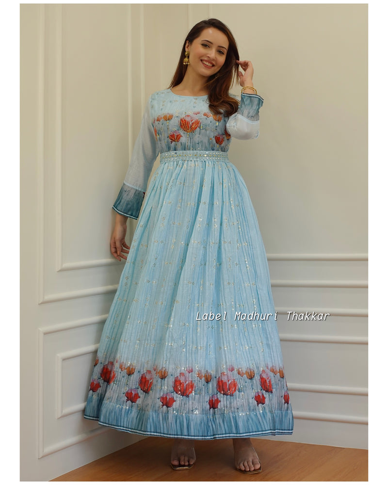 Blue Belt Embroidered Gown