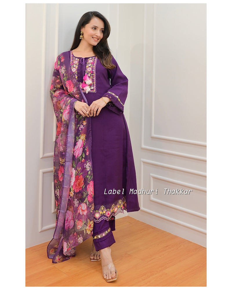 Purple Threadwork A Line Silk Suit