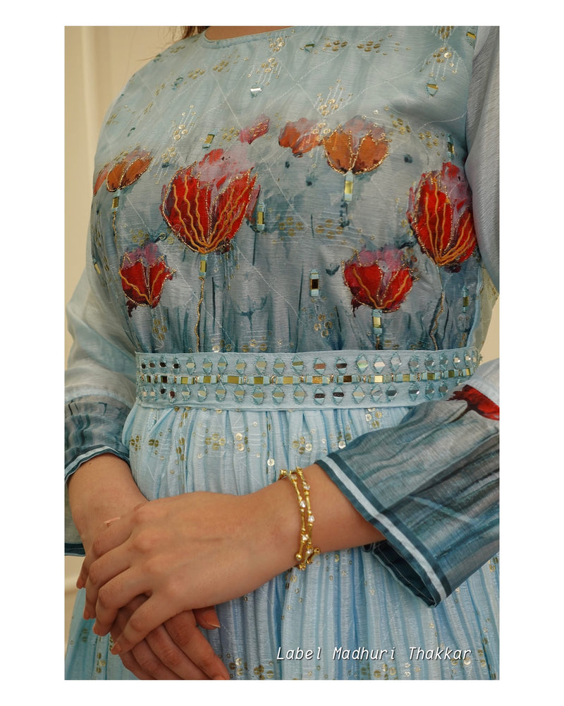 Blue Belt Embroidered Gown