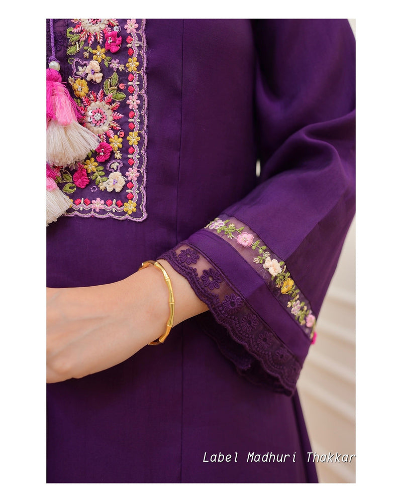 Purple Threadwork A Line Silk Suit