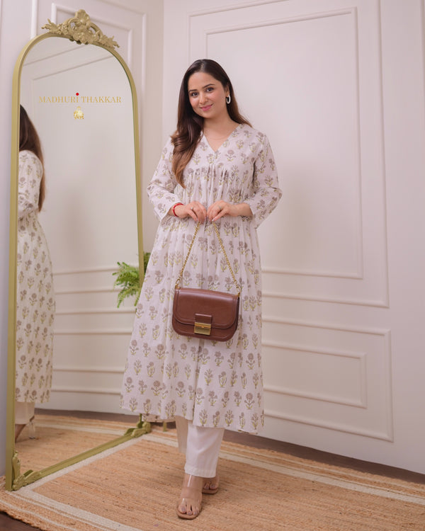 Ivory Brown A Line Mul Cotton Kurti