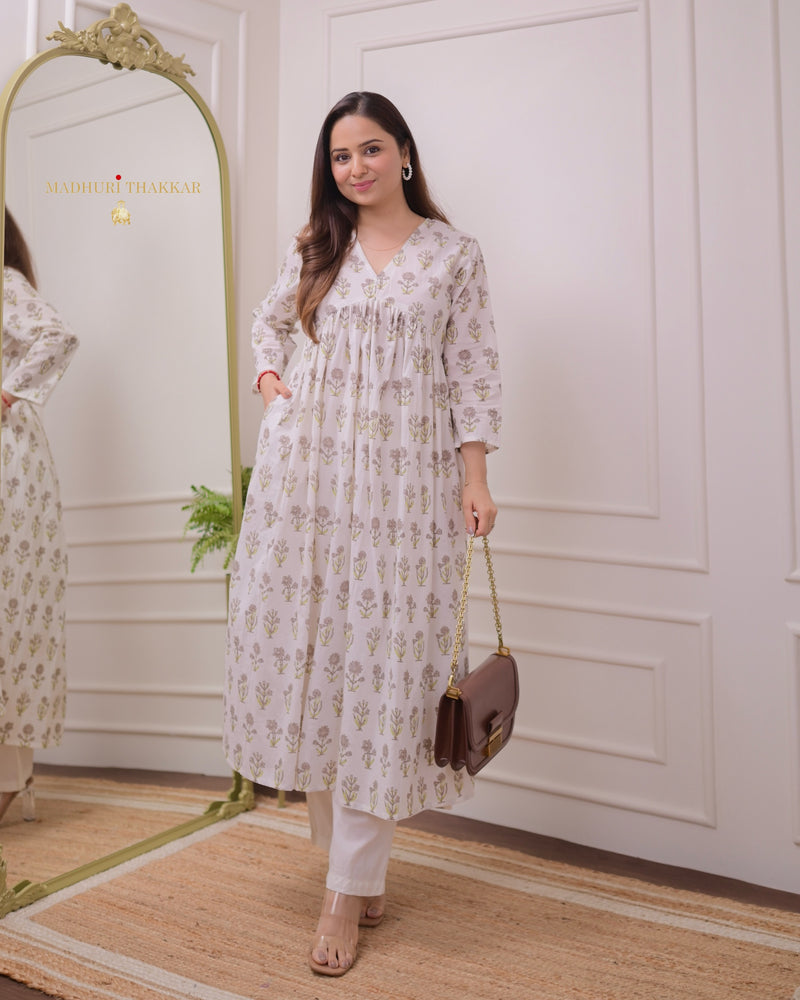 Ivory Brown A Line Mul Cotton Kurti