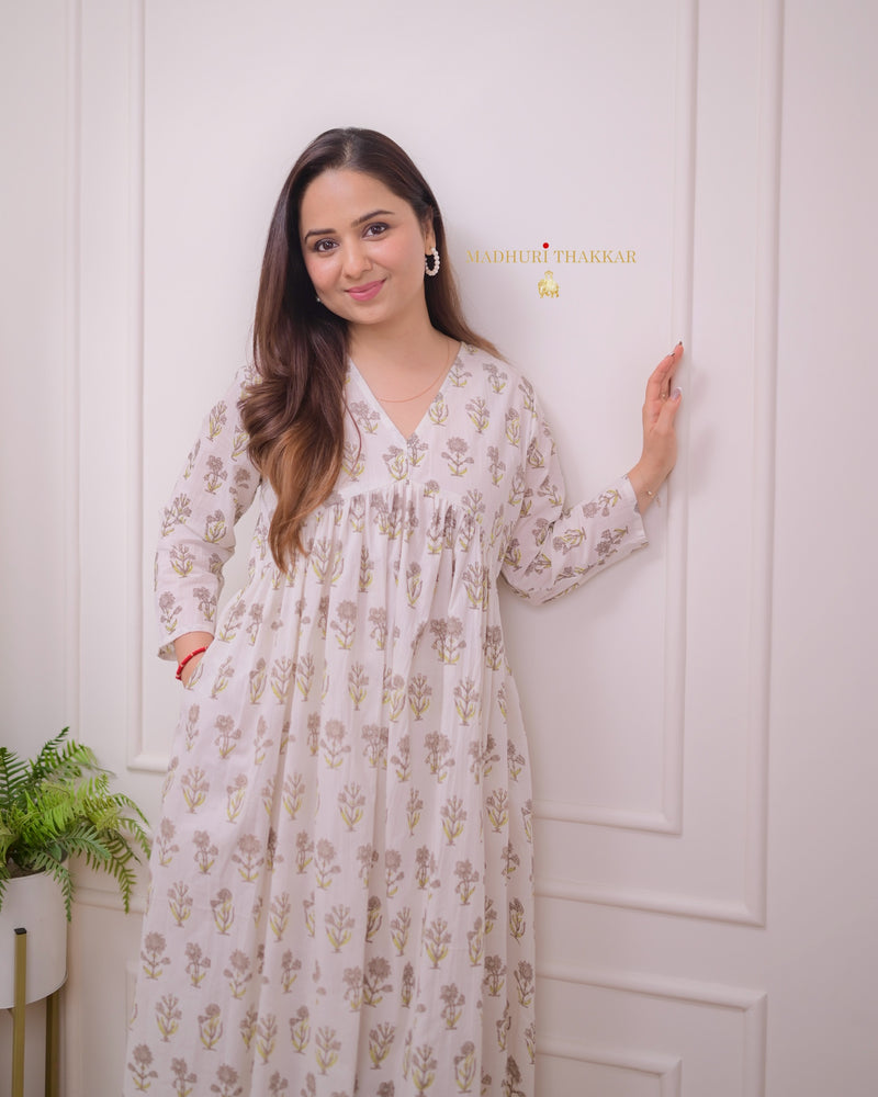 Ivory Brown A Line Mul Cotton Kurti