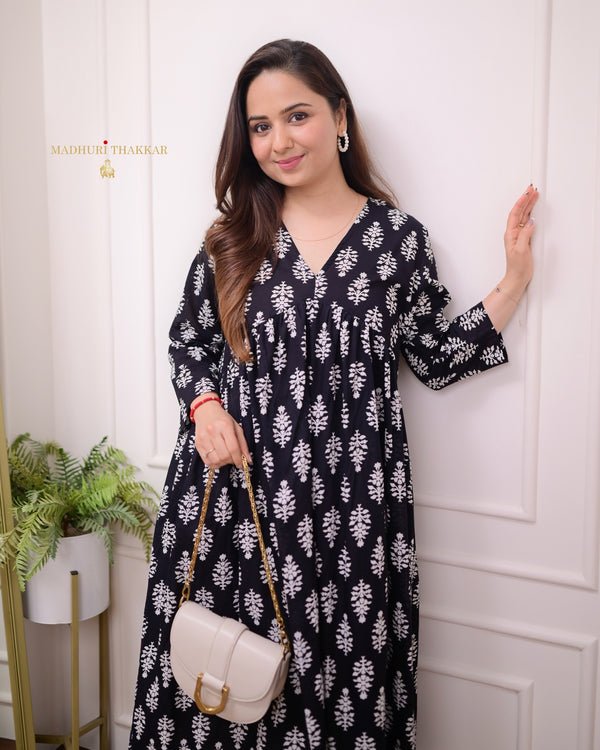 Black Floral A Line Mul Cotton Kurti