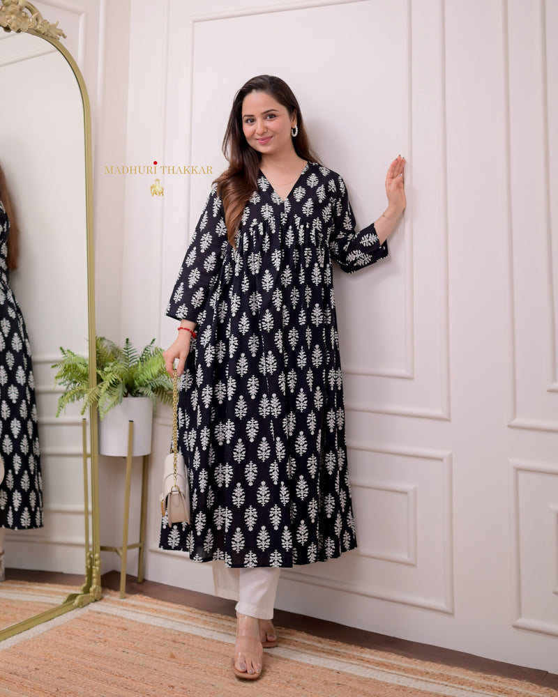 Black Floral A Line Mul Cotton Kurti