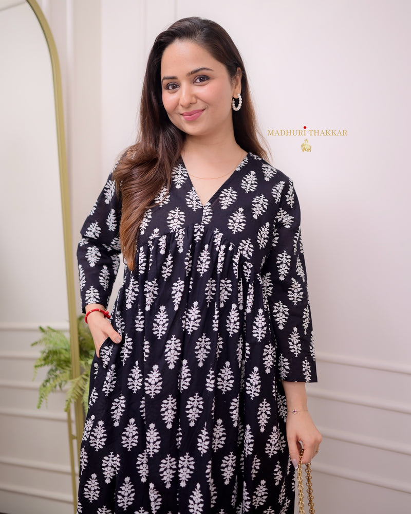 Black Floral A Line Mul Cotton Kurti