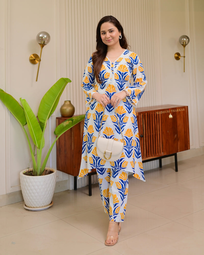 Blue Yellow Floral Bouquet A Line Premium Cotton Co-ord Set