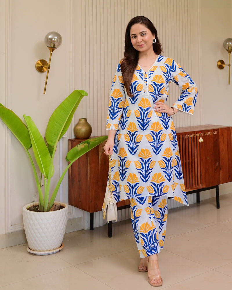 Blue Yellow Floral Bouquet A Line Premium Cotton Co-ord Set