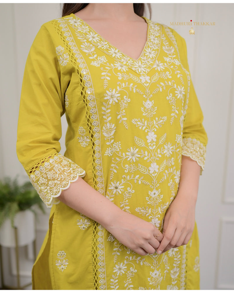 Mustard Yellow Threadwork V Neck Cotton Suit