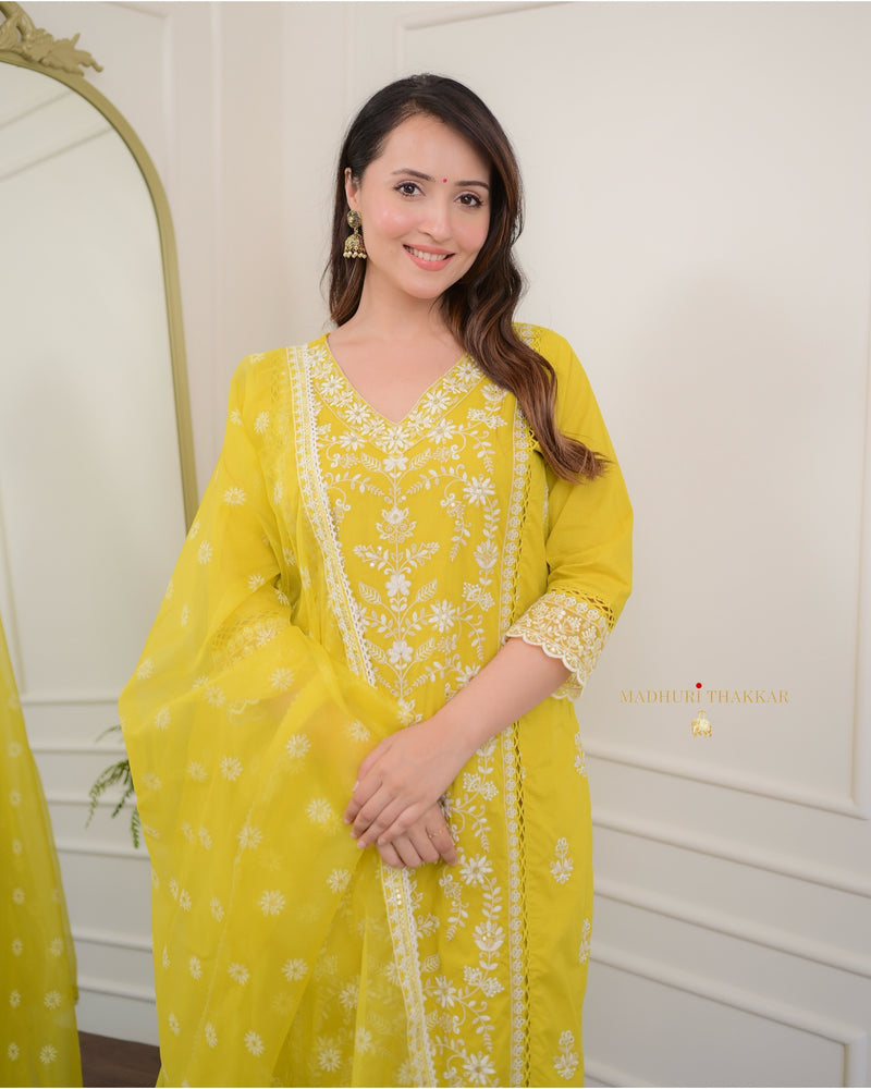 Mustard Yellow Threadwork V Neck Cotton Suit