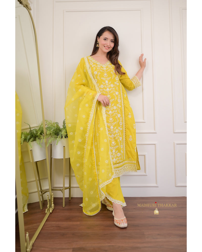 Mustard Yellow Threadwork V Neck Cotton Suit