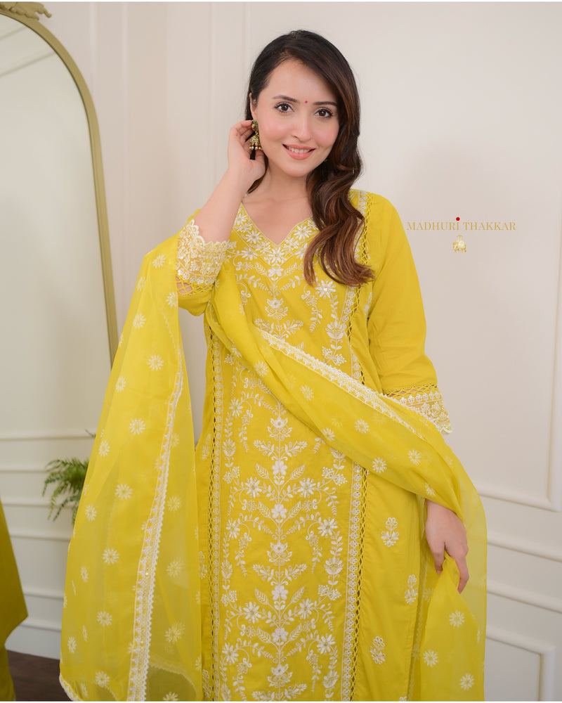 Mustard Yellow Threadwork V Neck Cotton Suit