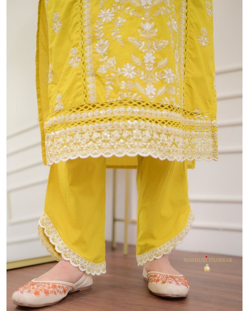 Mustard Yellow Threadwork V Neck Cotton Suit