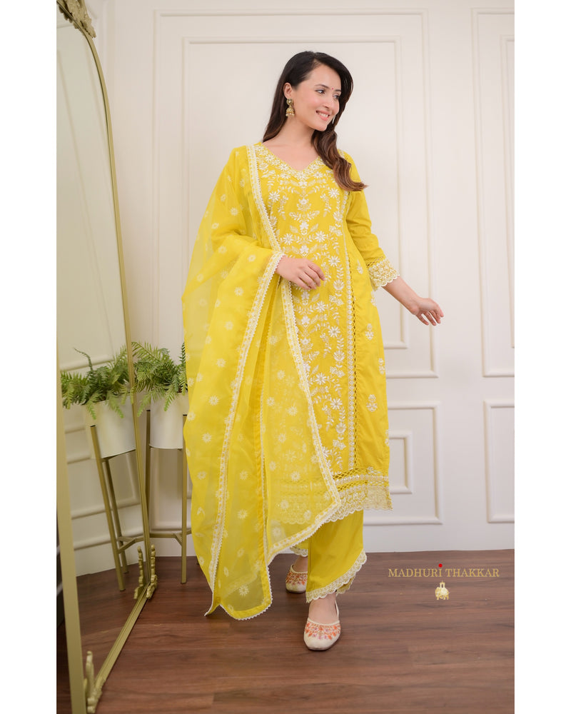 Mustard Yellow Threadwork V Neck Cotton Suit