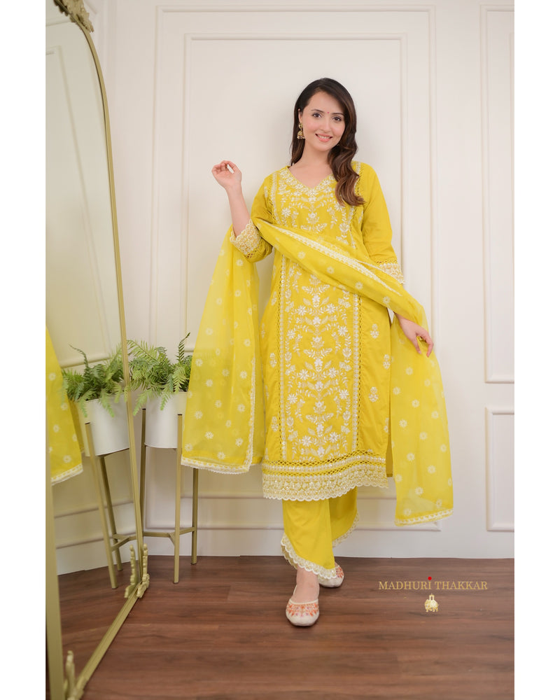 Mustard Yellow Threadwork V Neck Cotton Suit