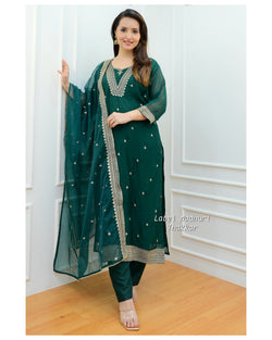 Bottle Green Organza Hand Embroidered Suit