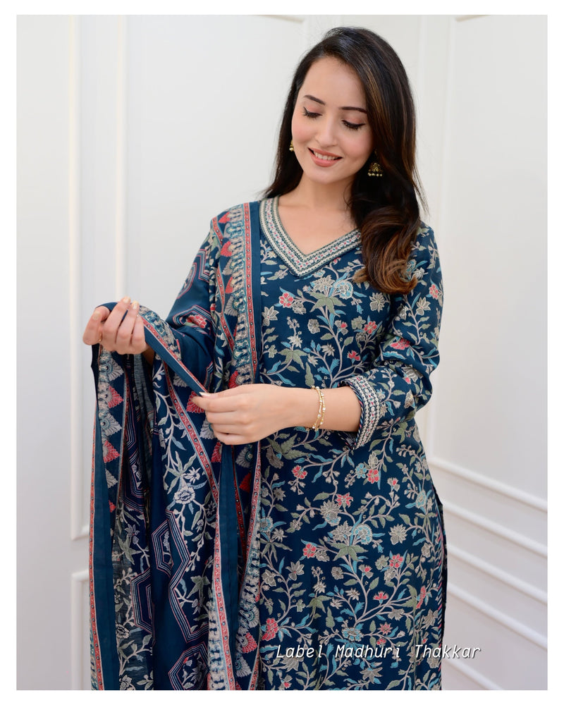 Peacock Blue Floral Muslin Afghani Suit