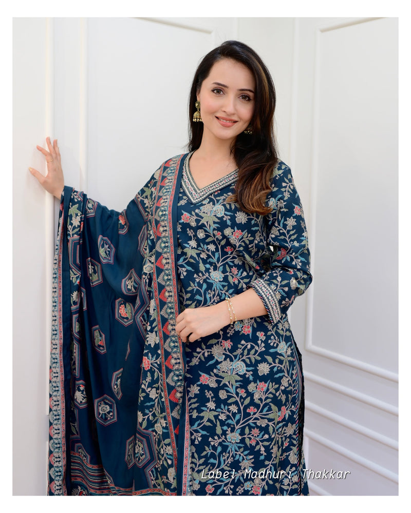 Peacock Blue Floral Muslin Afghani Suit