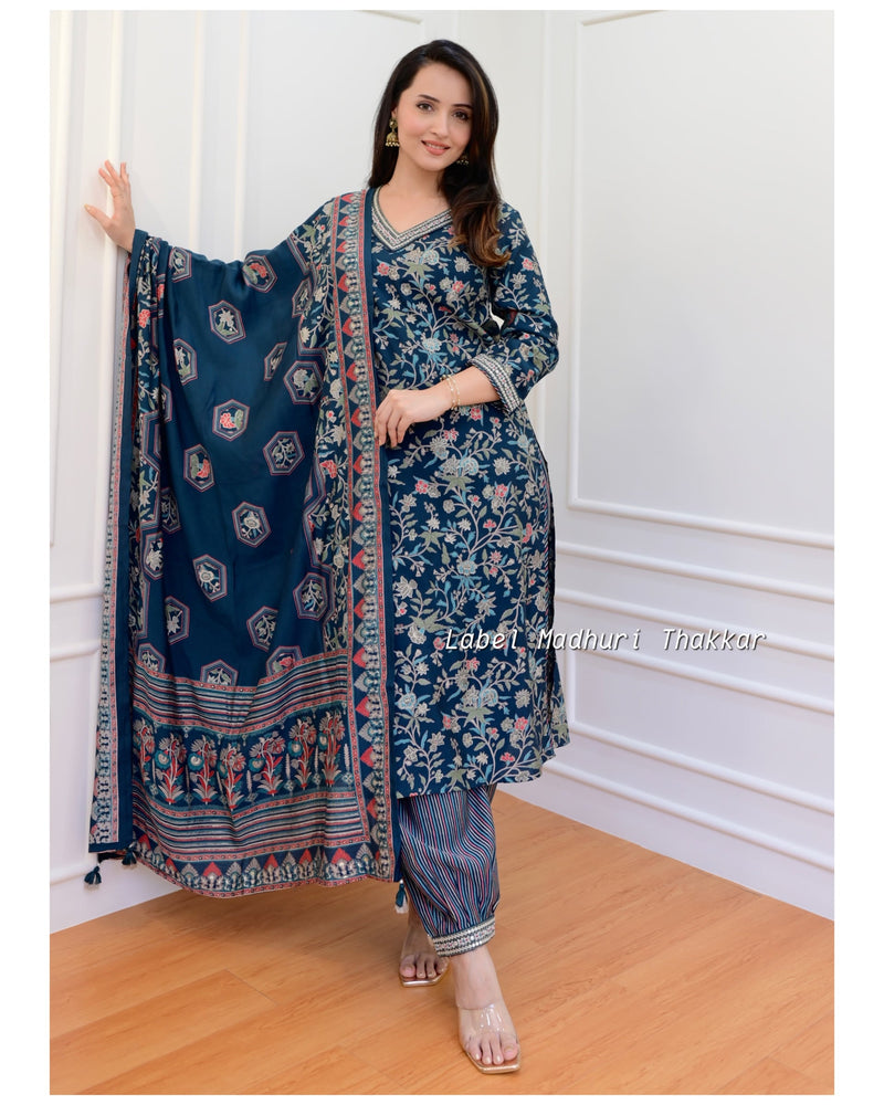 Peacock Blue Floral Muslin Afghani Suit