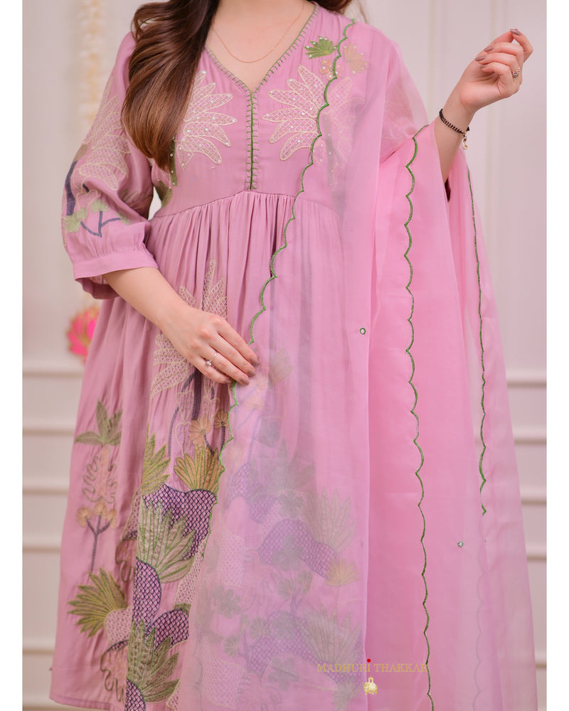 Onion Pink A Line Threadwork Cotton Silk Suit