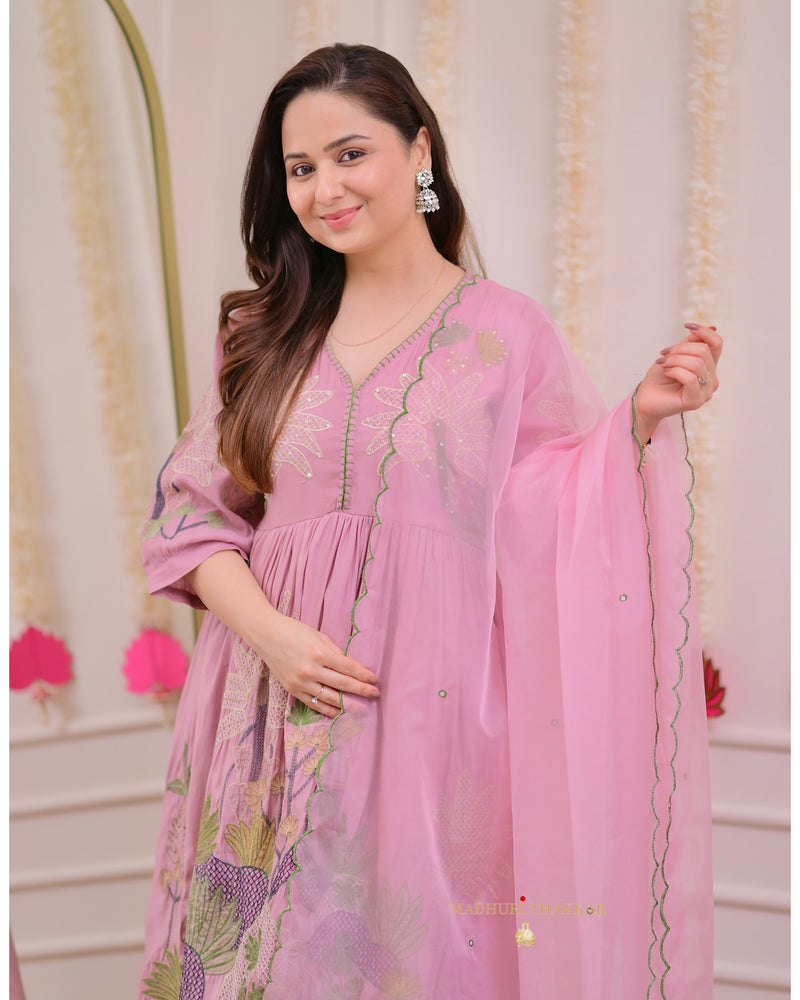 Onion Pink A Line Threadwork Cotton Silk Suit