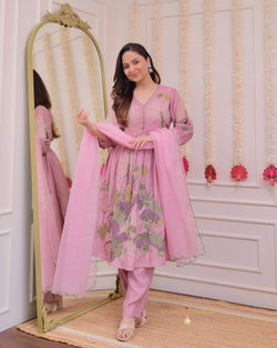 Onion Pink A Line Threadwork Cotton Silk Suit