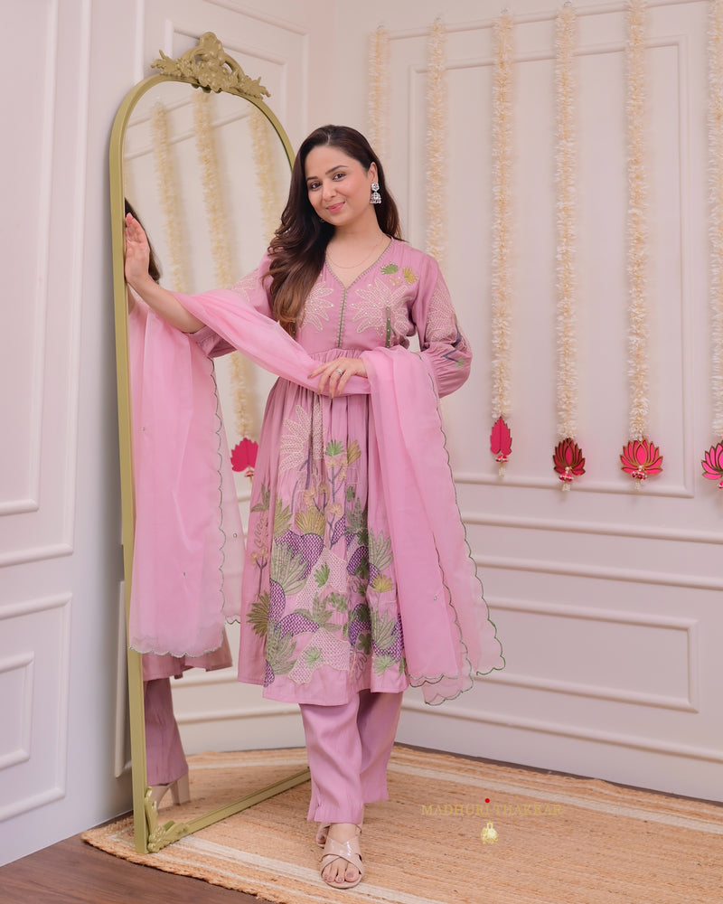 Onion Pink A Line Threadwork Cotton Silk Suit