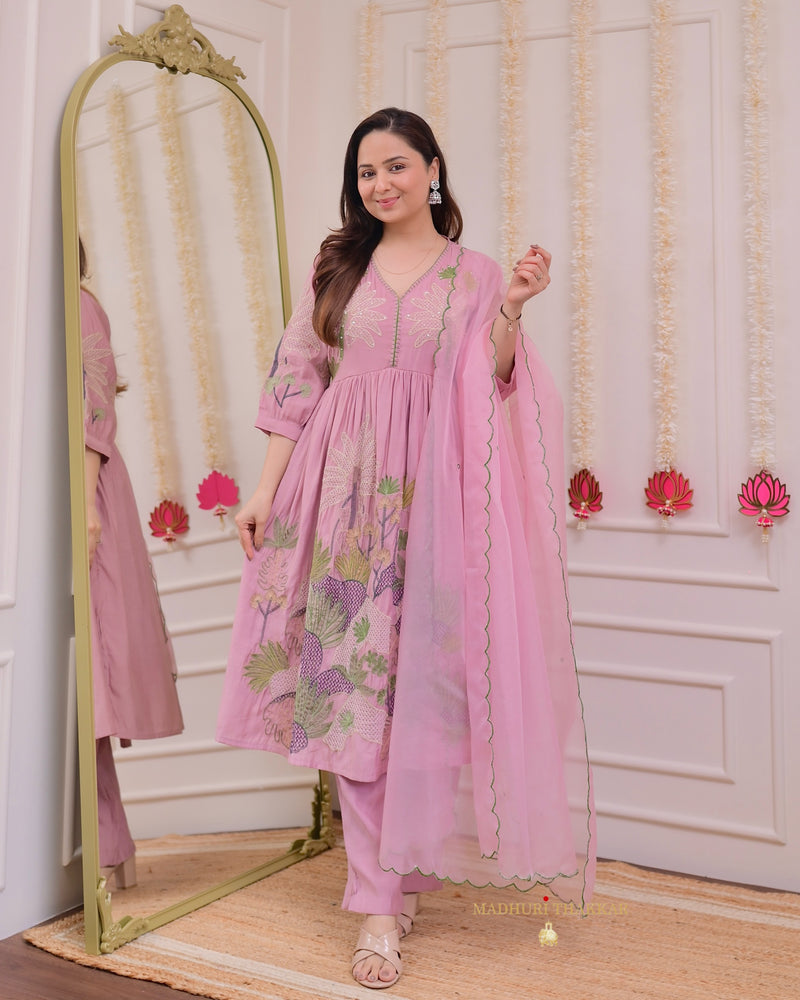 Onion Pink A Line Threadwork Cotton Silk Suit