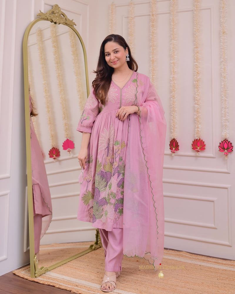 Onion Pink A Line Threadwork Cotton Silk Suit