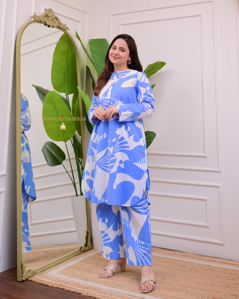 Sky Blue Abstract Printed Premium Cotton Co-ord