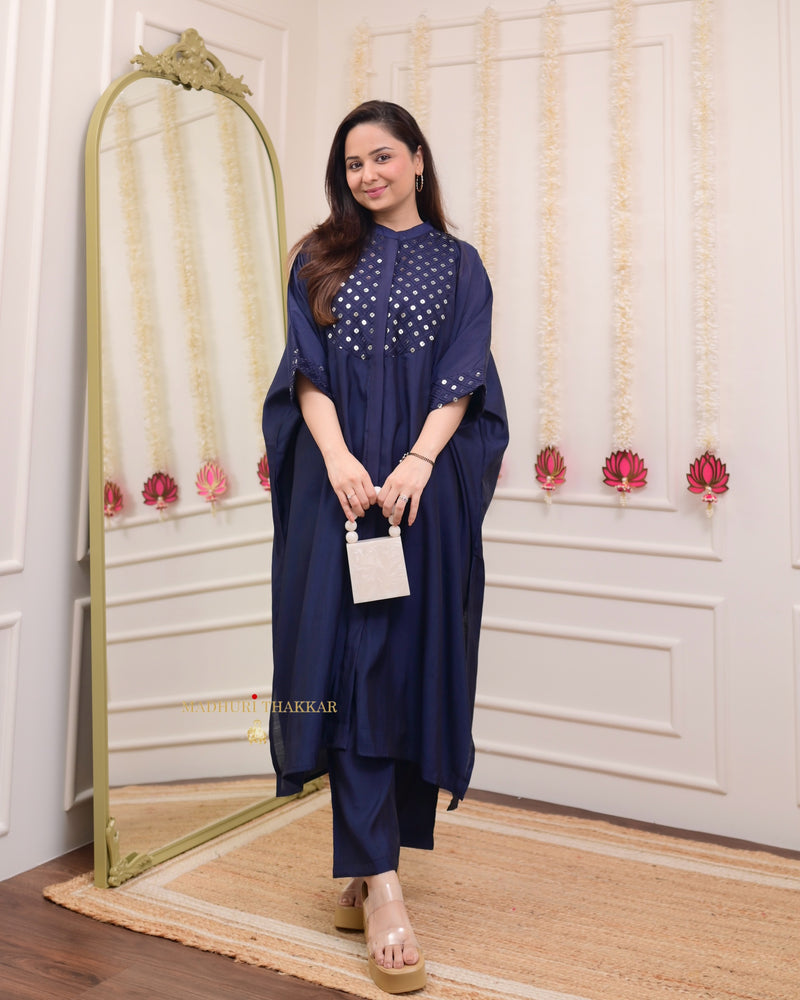 Navy Blue Cotton Silk Embroidered Kaftan Set