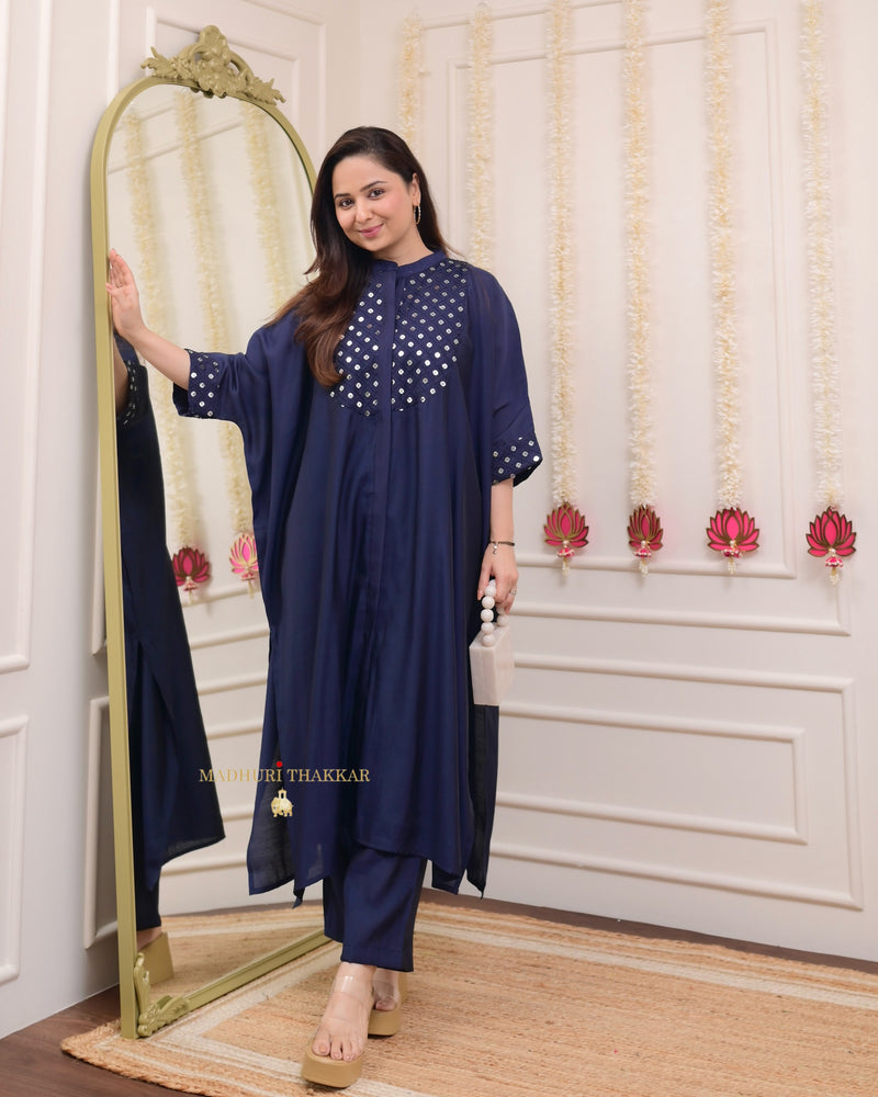 Navy Blue Cotton Silk Embroidered Kaftan Set