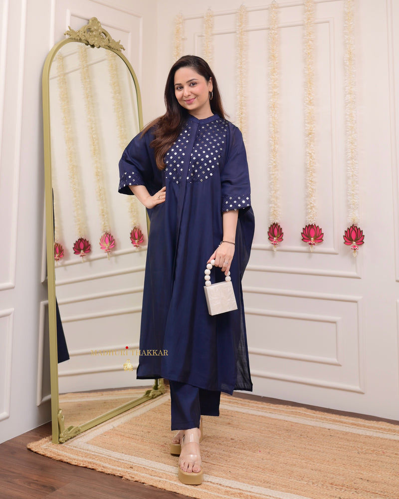 Navy Blue Cotton Silk Embroidered Kaftan Set