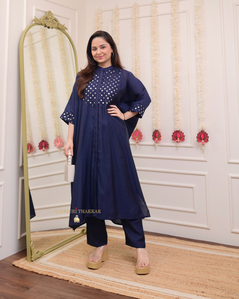 Navy Blue Cotton Silk Embroidered Kaftan Set