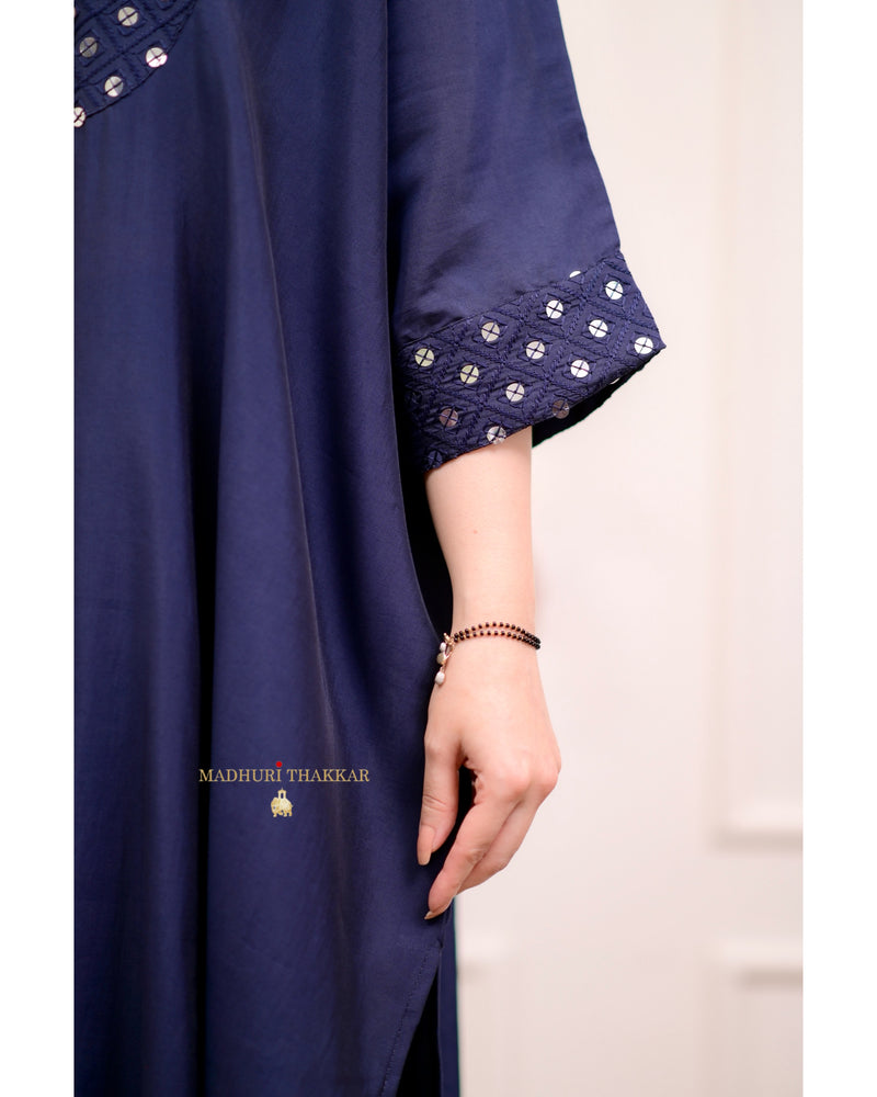 Navy Blue Cotton Silk Embroidered Kaftan Set