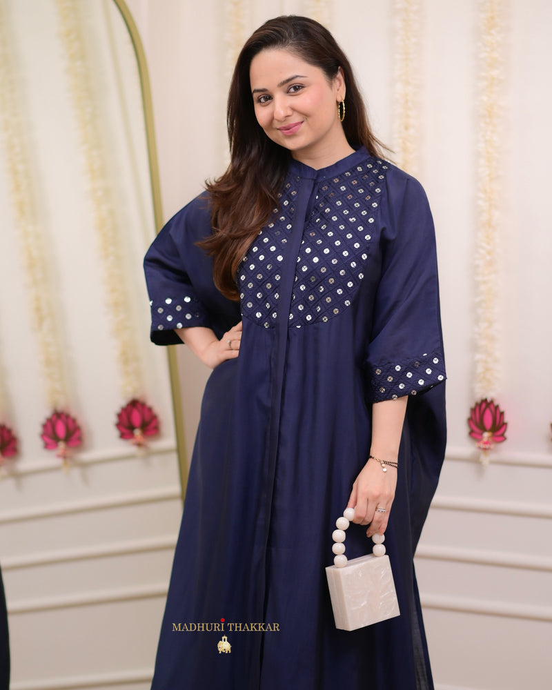 Navy Blue Cotton Silk Embroidered Kaftan Set