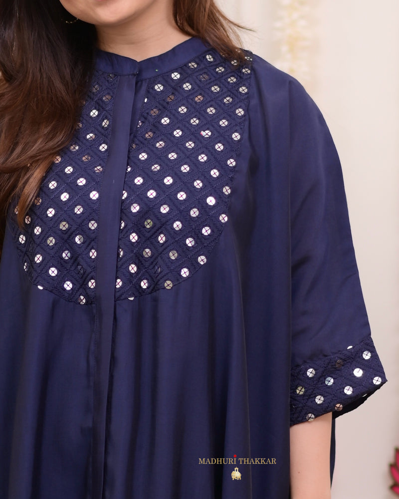 Navy Blue Cotton Silk Embroidered Kaftan Set