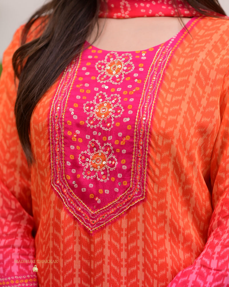 Orange Pink Handwork Bandhani Crepe Suit