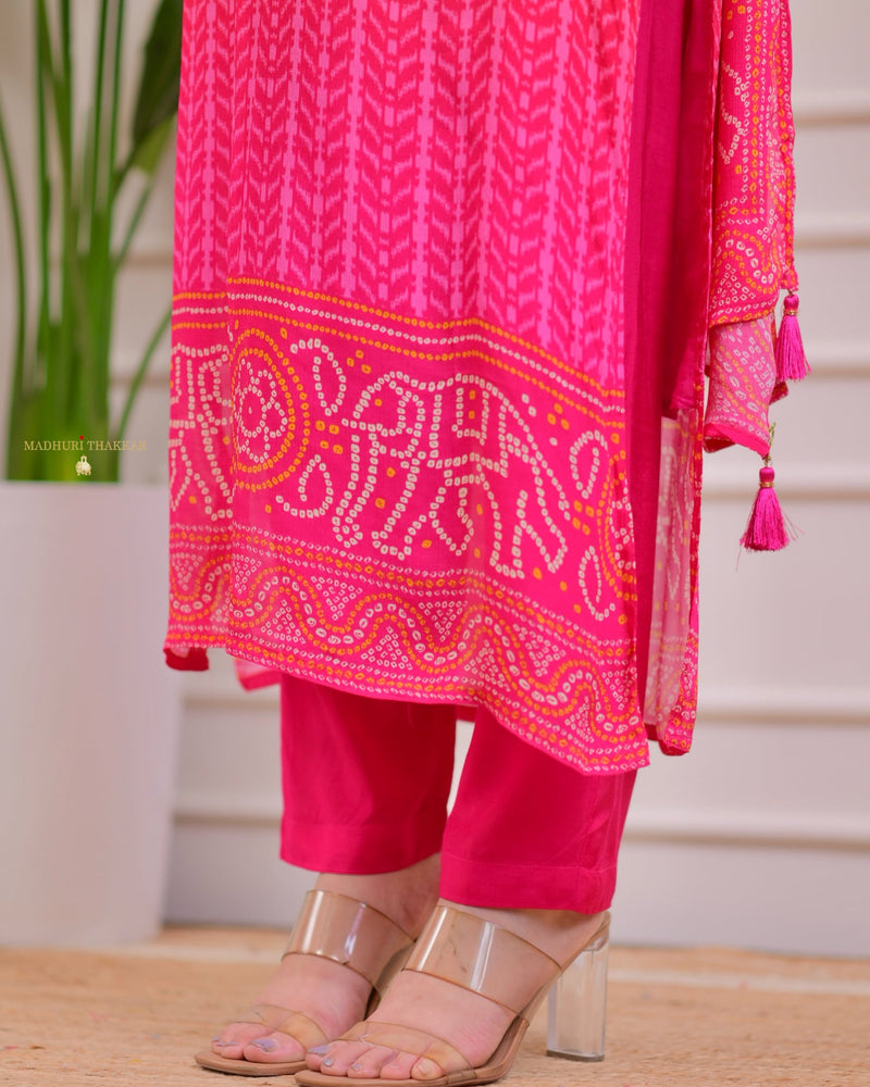 Orange Pink Handwork Bandhani Crepe Suit