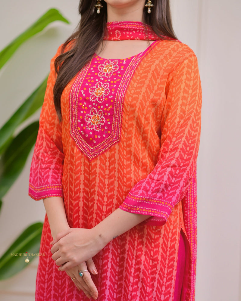 Orange Pink Handwork Bandhani Crepe Suit