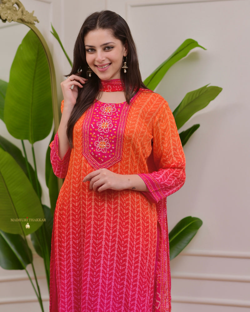 Orange Pink Handwork Bandhani Crepe Suit