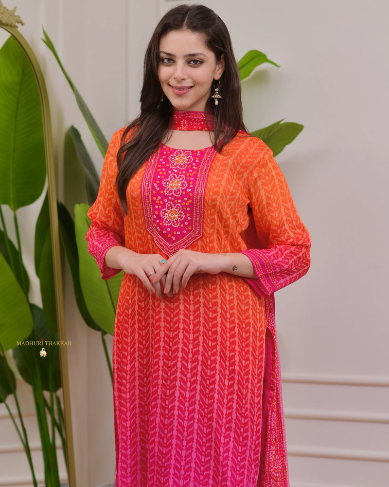 Orange Pink Handwork Bandhani Crepe Suit