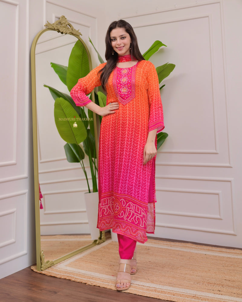 Orange Pink Handwork Bandhani Crepe Suit