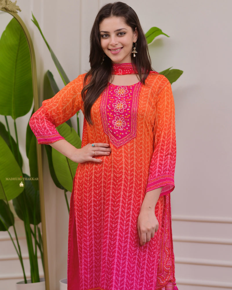 Orange Pink Handwork Bandhani Crepe Suit