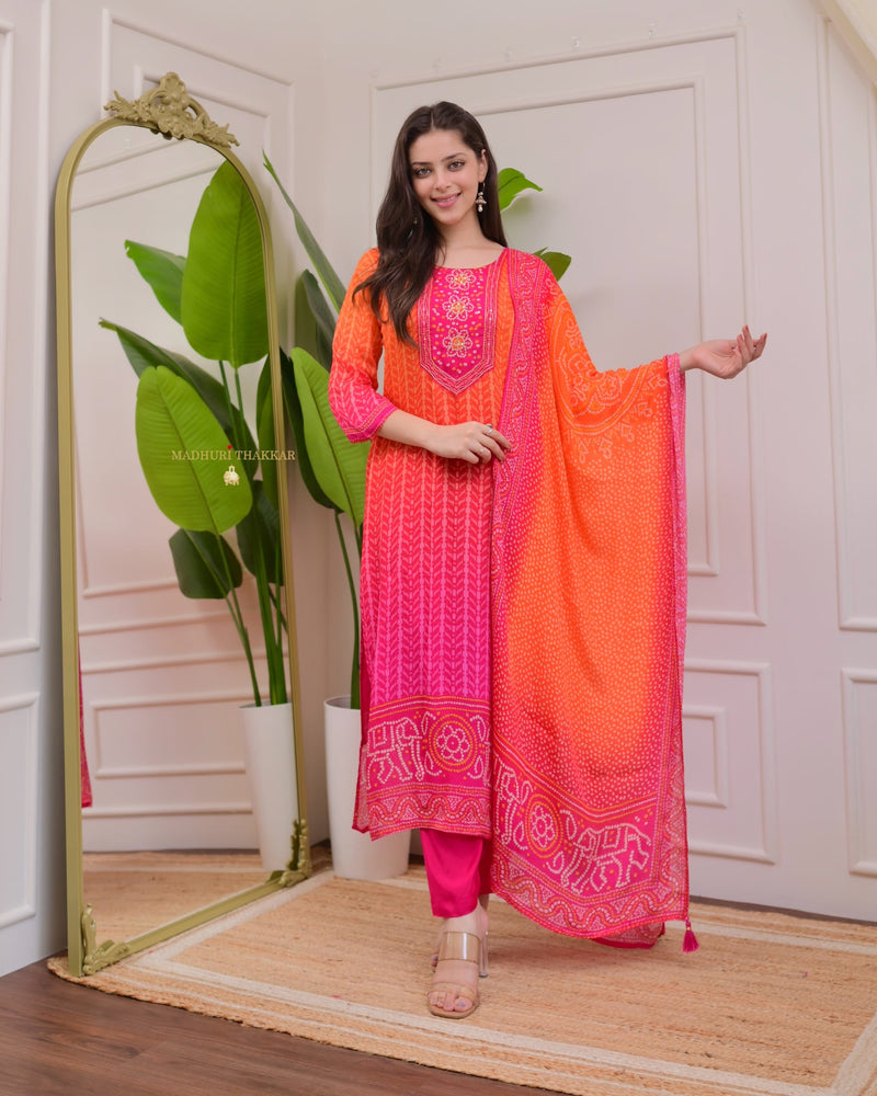 Orange Pink Handwork Bandhani Crepe Suit