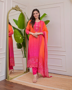 Orange Pink Handwork Bandhani Crepe Suit