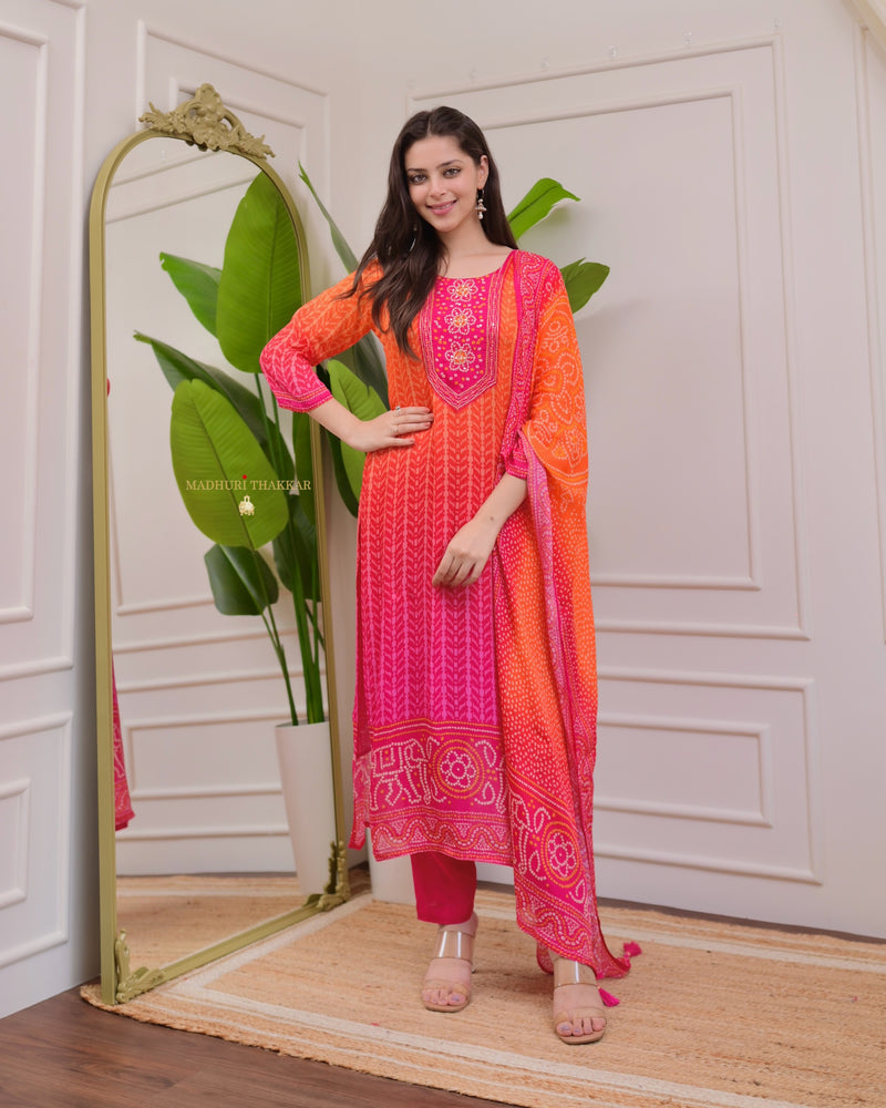 Orange Pink Handwork Bandhani Crepe Suit