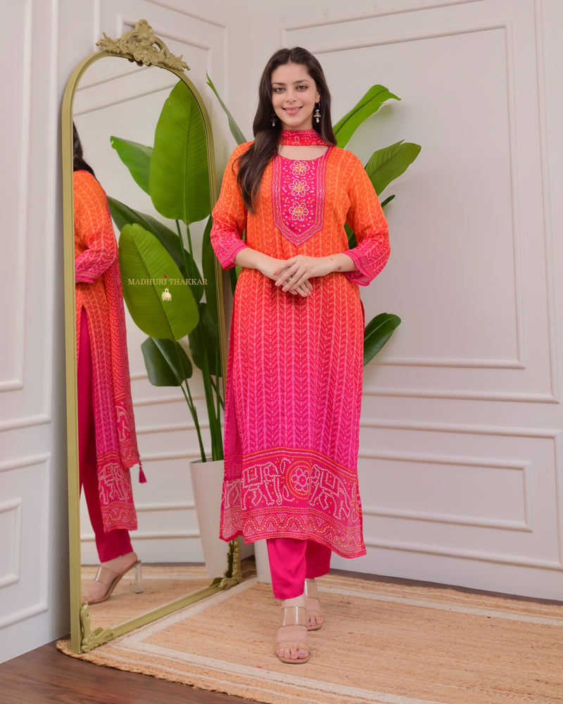 Orange Pink Handwork Bandhani Crepe Suit