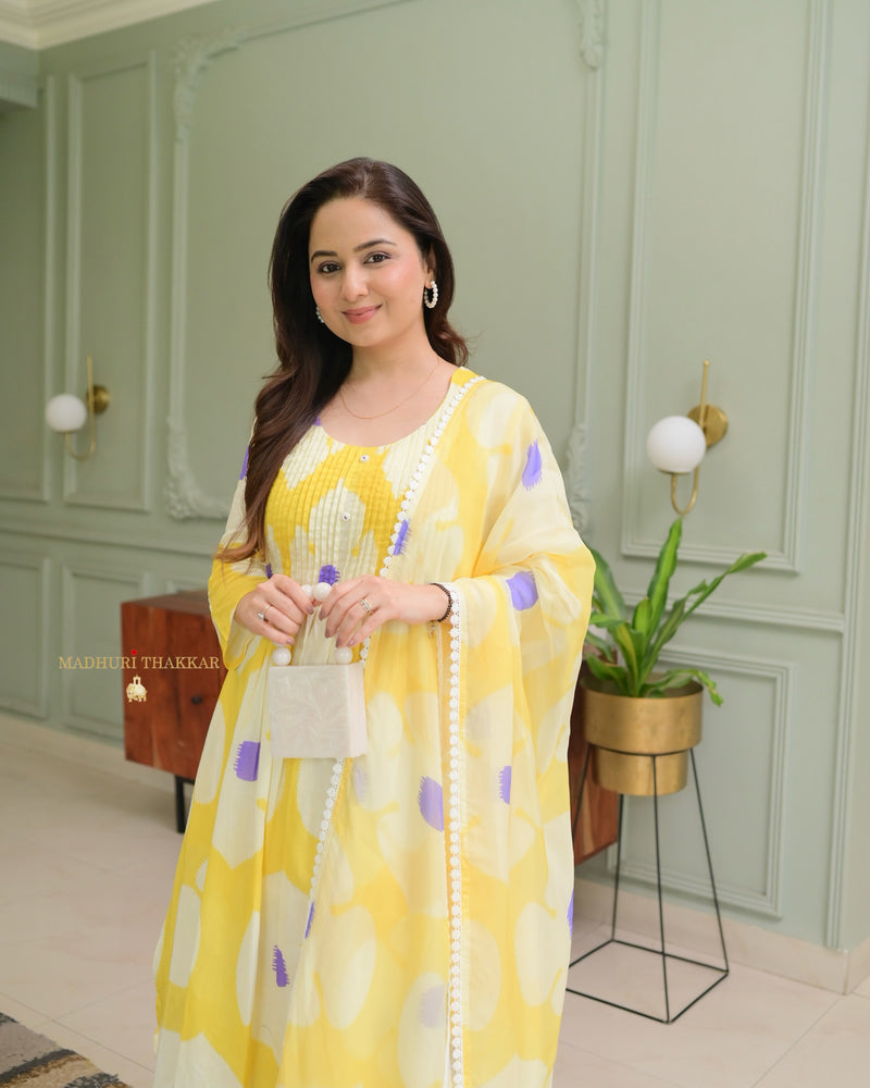 Yellow Lilac Pintex Floral Cotton Suit