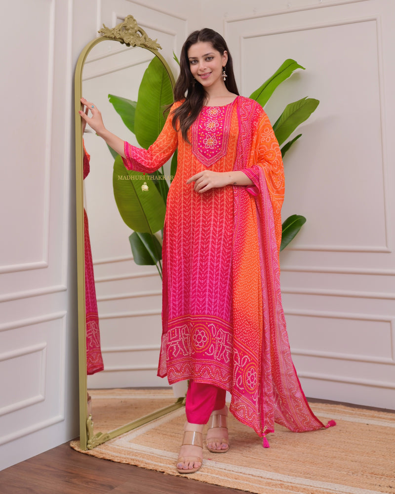 Orange Pink Handwork Bandhani Crepe Suit